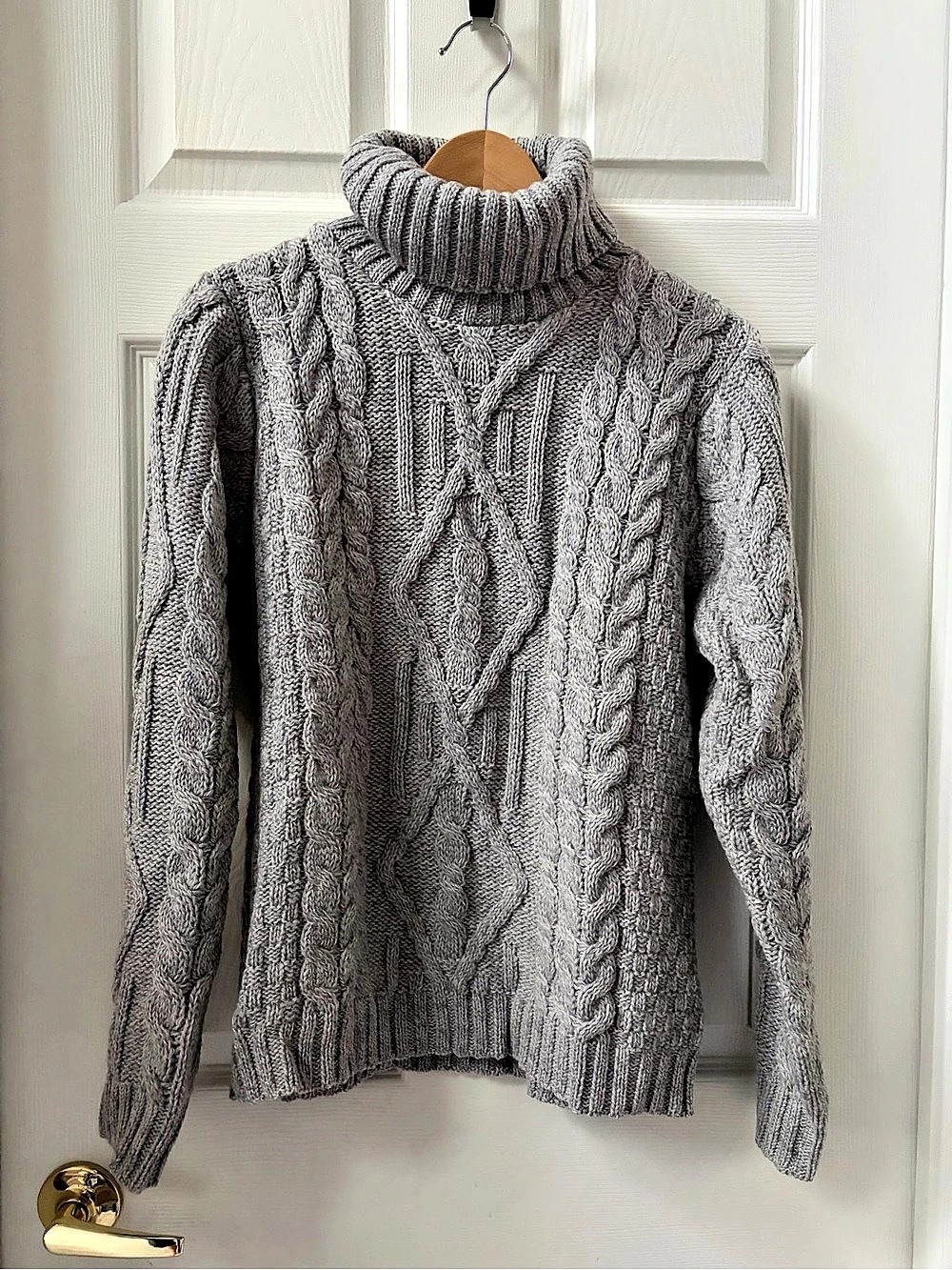 Aran Mor Aran Cable Knit Turtleneck Sweater Cable Knit Merino Wool Gray Large